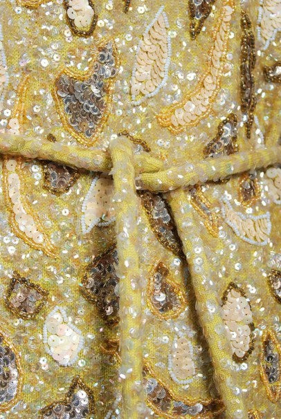 1960&#39;s Gene Shelly Chartreuse Yellow Sequin Beaded Knit Abstract Cocktail Dress