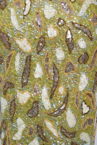 1960&#39;s Gene Shelly Chartreuse Yellow Sequin Beaded Knit Abstract Cocktail Dress
