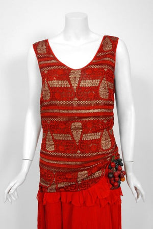 1920's Red & Metallic Gold Print Lamé Asymmetric Pleated Chiffon Flapper Dress