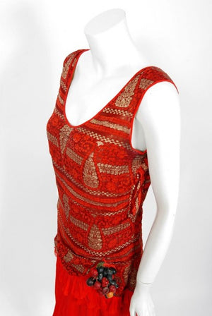 1920's Red & Metallic Gold Print Lamé Asymmetric Pleated Chiffon Flapper Dress