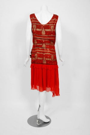 1920's Red & Metallic Gold Print Lamé Asymmetric Pleated Chiffon Flapper Dress