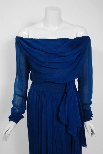 1989 Yves Saint Laurent Haute-Couture Cobalt Blue Silk Off-Shoulder Draped Gown