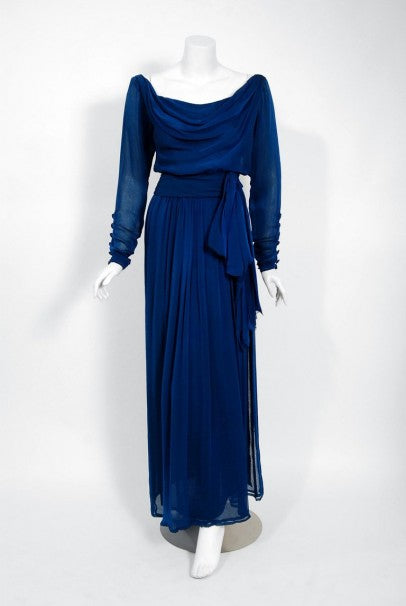 1989 Yves Saint Laurent Haute-Couture Cobalt Blue Silk Off-Shoulder Draped Gown
