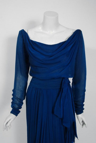 1989 Yves Saint Laurent Haute-Couture Cobalt Blue Silk Off-Shoulder Draped Gown