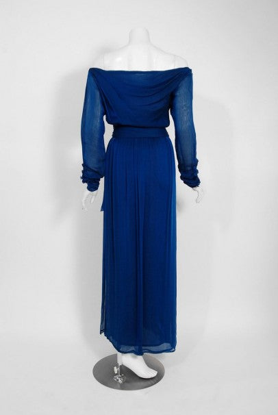 1989 Yves Saint Laurent Haute-Couture Cobalt Blue Silk Off-Shoulder Draped Gown