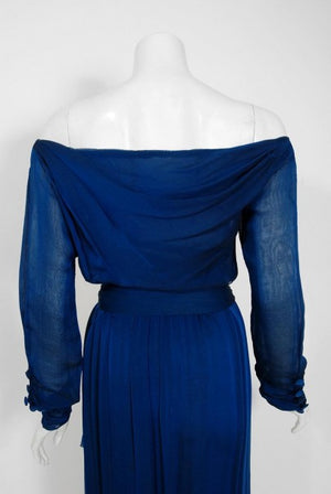 1989 Yves Saint Laurent Haute-Couture Cobalt Blue Silk Off-Shoulder Draped Gown