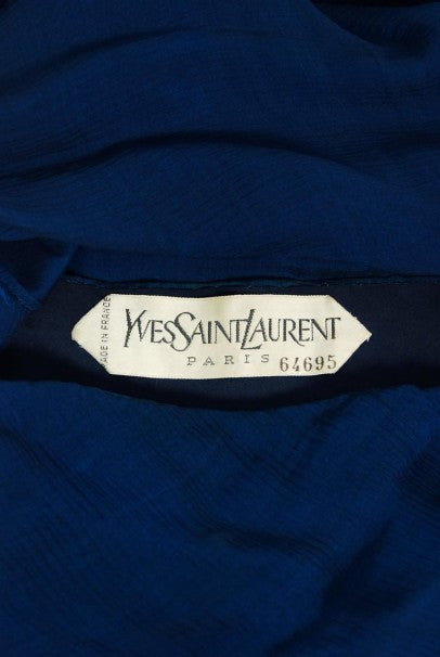 1989 Yves Saint Laurent Haute-Couture Cobalt Blue Silk Off-Shoulder Draped Gown
