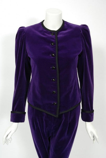 1979 Yves Saint Laurent Purple Velvet Puff-Shoulder Jacket &amp; Knickers Pantsuit