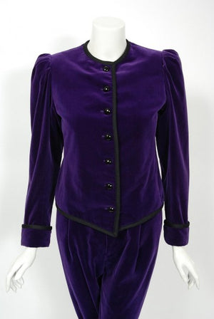 1979 Yves Saint Laurent Purple Velvet Puff-Shoulder Jacket & Knickers Pantsuit