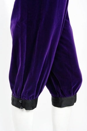 1979 Yves Saint Laurent Purple Velvet Puff-Shoulder Jacket & Knickers Pantsuit