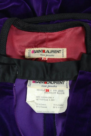 1979 Yves Saint Laurent Purple Velvet Puff-Shoulder Jacket & Knickers Pantsuit