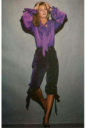 1979 Yves Saint Laurent Purple Velvet Puff-Shoulder Jacket & Knickers Pantsuit