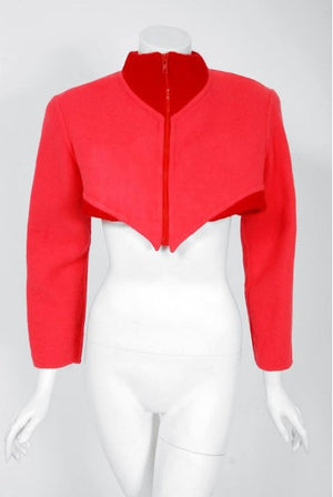 1990 Geoffrey Beene Red & Pink Wool Cropped Zip-Up Street Sportswear Jacket