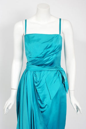 1950's Lee Claire Aqua-Blue Silk Ruched Asymmetric Drape Belted Cocktail Dress
