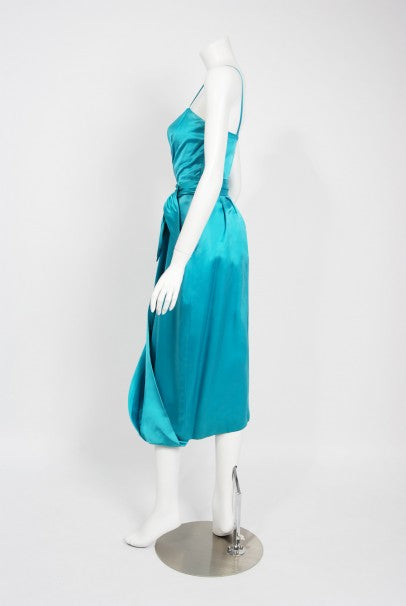 1950&#39;s Lee Claire Aqua-Blue Silk Ruched Asymmetric Drape Belted Cocktail Dress