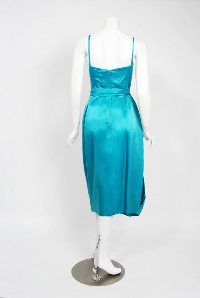 1950&#39;s Lee Claire Aqua-Blue Silk Ruched Asymmetric Drape Belted Cocktail Dress