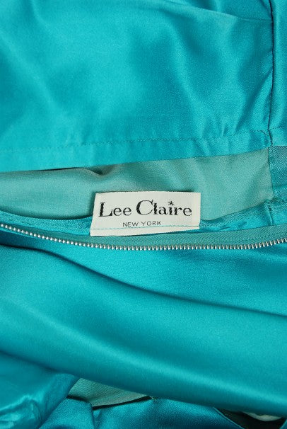 1950&#39;s Lee Claire Aqua-Blue Silk Ruched Asymmetric Drape Belted Cocktail Dress