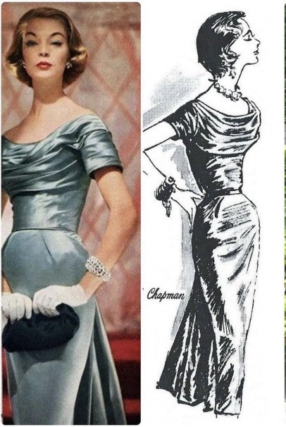 1955 Ceil Chapman Documented Steel-Blue Ruched Satin Fishtail Cocktail Dress