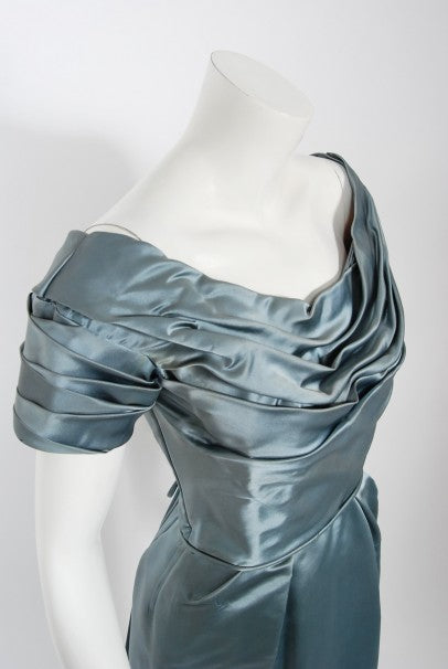 1955 Ceil Chapman Documented Steel-Blue Ruched Satin Fishtail Cocktail Dress