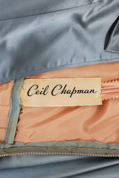 1955 Ceil Chapman Documented Steel-Blue Ruched Satin Fishtail Cocktail Dress