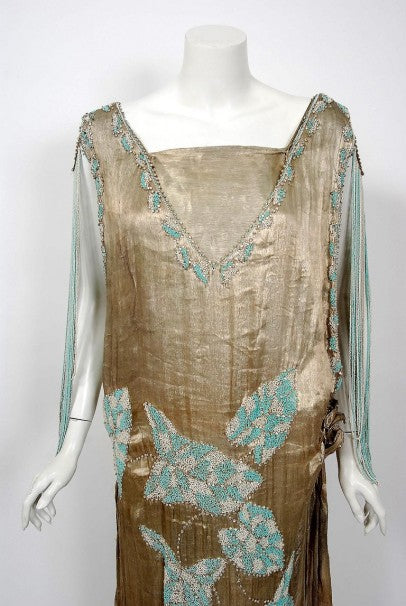1927 French Couture Metallic Gold Lamé Beaded Leaf-Motif Trained Evening Dress