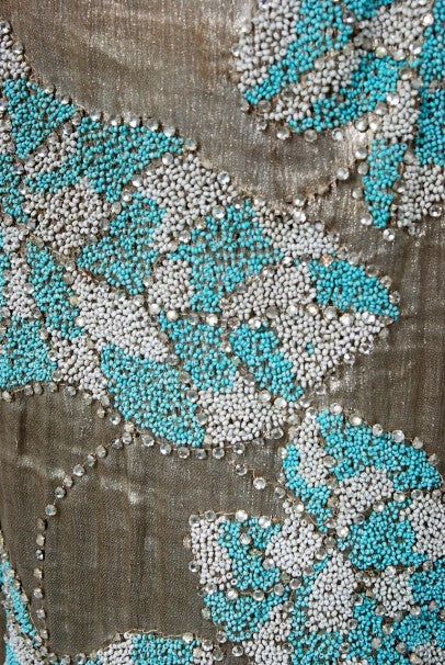 1920’s French Couture Metallic Gold Lamé Beaded Leaf-Motif Trained Evening Dress