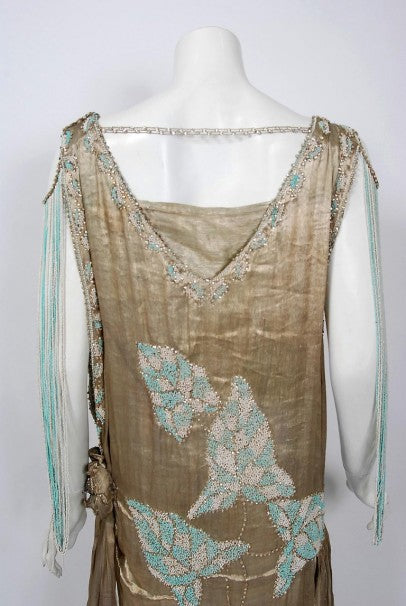 1920’s French Couture Metallic Gold Lamé Beaded Leaf-Motif Trained Evening Dress