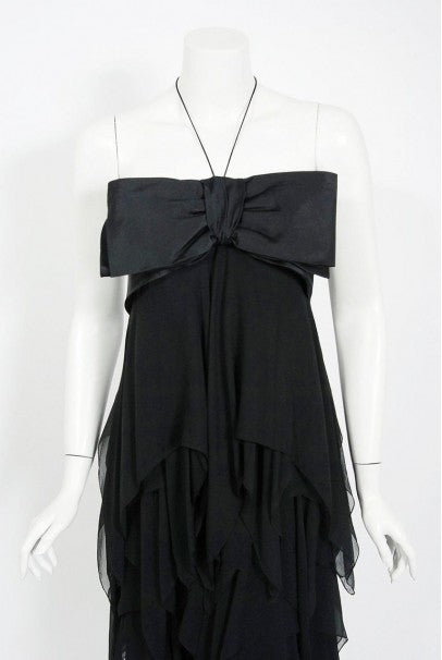 1970 Pauline Trigere Black Silk Chiffon & Satin Halter-Bow Tiered Drape Dress