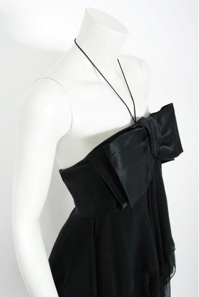 1970 Pauline Trigere Black Silk Chiffon &amp; Satin Halter-Bow Tiered Drape Dress