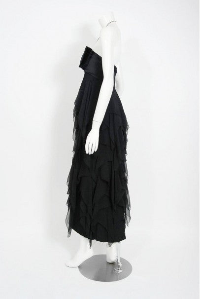 1970 Pauline Trigere Black Silk Chiffon &amp; Satin Halter-Bow Tiered Drape Dress