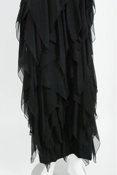 1970 Pauline Trigere Black Silk Chiffon &amp; Satin Halter-Bow Tiered Drape Dress