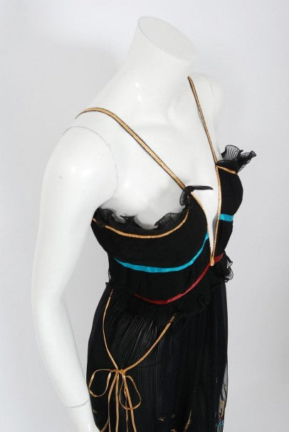 1976 Bill Gibb Pleated Silk &amp; Embroidered Tulle Low-Plunge Metallic Ribbon Gown