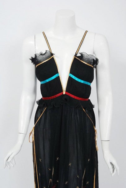 1976 Bill Gibb Pleated Silk &amp; Embroidered Tulle Low-Plunge Metallic Ribbon Gown