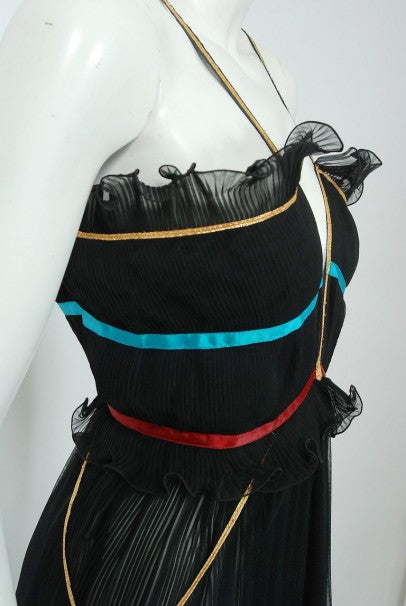 1976 Bill Gibb Pleated Silk &amp; Embroidered Tulle Low-Plunge Metallic Ribbon Gown