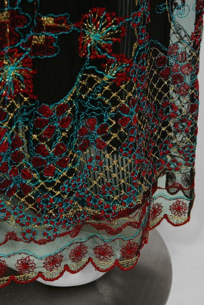 1976 Bill Gibb Pleated Silk &amp; Embroidered Tulle Low-Plunge Metallic Ribbon Gown