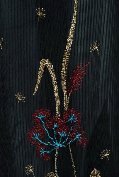 1976 Bill Gibb Pleated Silk &amp; Embroidered Tulle Low-Plunge Metallic Ribbon Gown