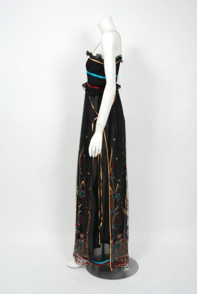 1976 Bill Gibb Pleated Silk &amp; Embroidered Tulle Low-Plunge Metallic Ribbon Gown