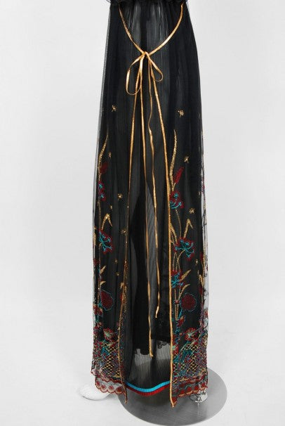1976 Bill Gibb Pleated Silk &amp; Embroidered Tulle Low-Plunge Metallic Ribbon Gown