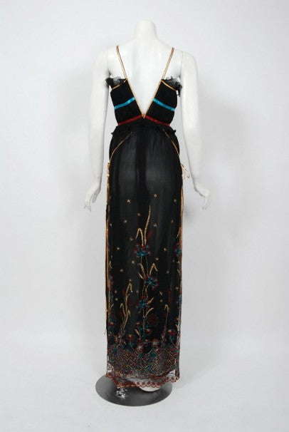 1976 Bill Gibb Pleated Silk &amp; Embroidered Tulle Low-Plunge Metallic Ribbon Gown