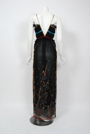 1976 Bill Gibb Pleated Silk & Embroidered Tulle Low-Plunge Metallic Ribbon Gown