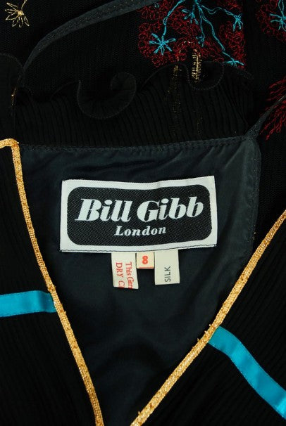 1976 Bill Gibb Pleated Silk &amp; Embroidered Tulle Low-Plunge Metallic Ribbon Gown