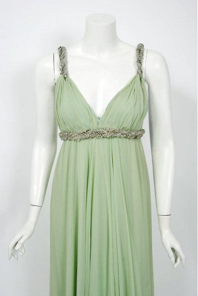 1965 Sarmi Couture Seafoam-Green Jeweled Silk Chiffon Empire Plunge Grecian Gown
