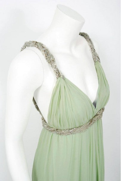 1965 Sarmi Couture Seafoam-Green Jeweled Silk Chiffon Empire Plunge Grecian Gown