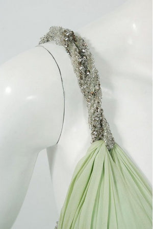 1965 Sarmi Couture Seafoam-Green Jeweled Silk Chiffon Empire Plunge Grecian Gown