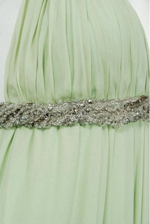 1965 Sarmi Couture Seafoam-Green Jeweled Silk Chiffon Empire Plunge Grecian Gown