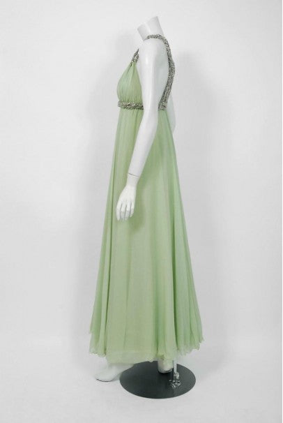1965 Sarmi Couture Seafoam-Green Jeweled Silk Chiffon Empire Plunge Grecian Gown
