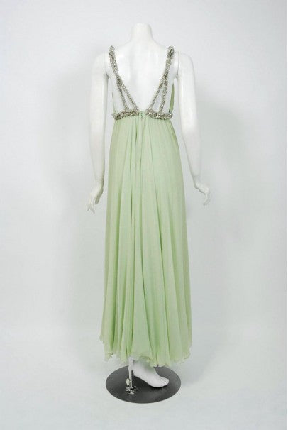 1965 Sarmi Couture Seafoam-Green Jeweled Silk Chiffon Empire Plunge Grecian Gown