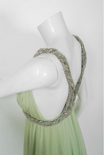 1965 Sarmi Couture Seafoam-Green Jeweled Silk Chiffon Empire Plunge Grecian Gown