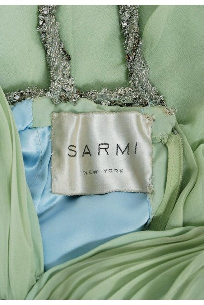 1965 Sarmi Couture Seafoam-Green Jeweled Silk Chiffon Empire Plunge Grecian Gown