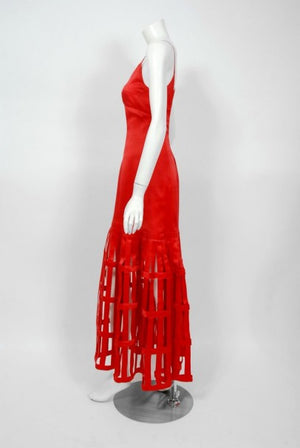 1992 Valentino Boutique Red Silk Low-Plunge Birdcage Cut-Out Backless Maxi Dress